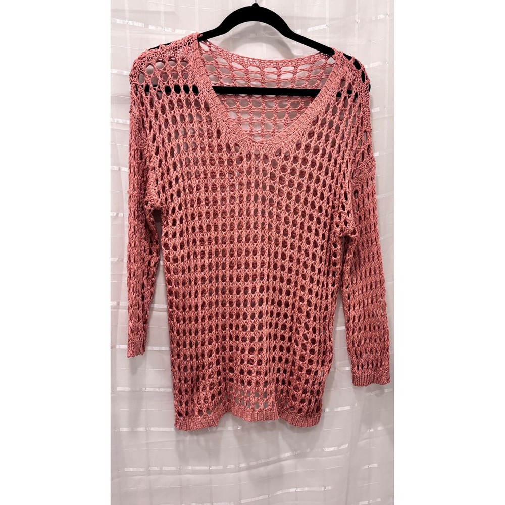 Unbranded Dusty Rose Pink Open Knit Crochet V-Neck Sweater Women's Size‎ M Boho
